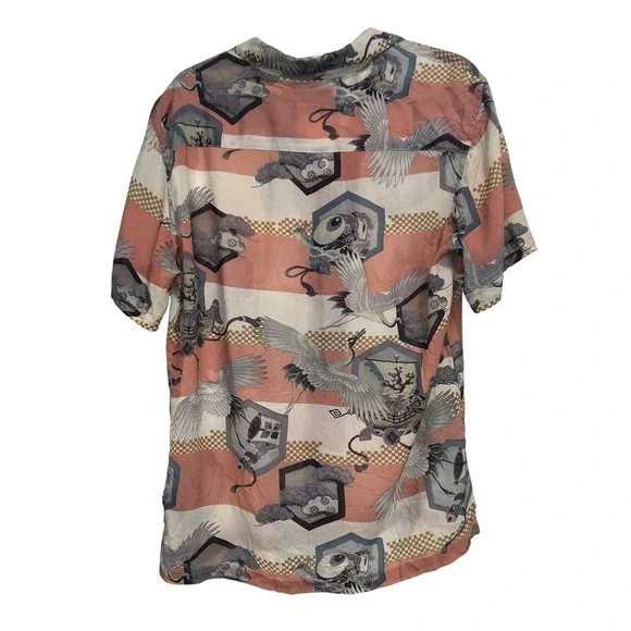 AllSaints Shield Crane Print Viscose Camp Shirt M Pink Japanese Art Aesthetic - Picture 8 of 8